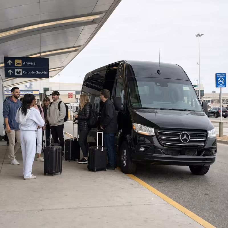 Group boarding a white charter bus for Airport Transportation transportation in Grand Rapids