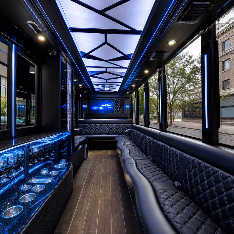 Party bus interior with wraparound leather seating and LED lighting in Grand Rapids
