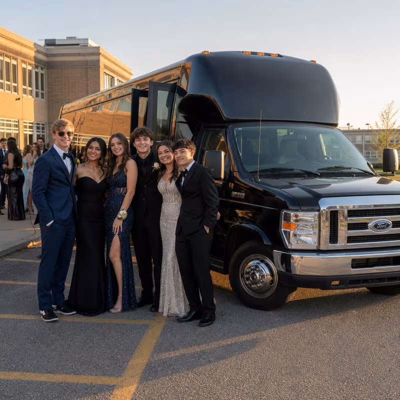 Group boarding a white charter bus for Prom & Homecoming Transportation transportation in Grand Rapids