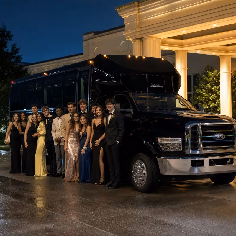 Party bus interior with wraparound leather seating and LED lighting in Grand Rapids