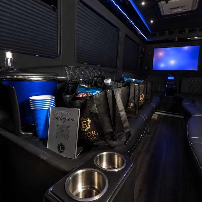 Party bus interior with wraparound leather seating and LED lighting in Grand Rapids